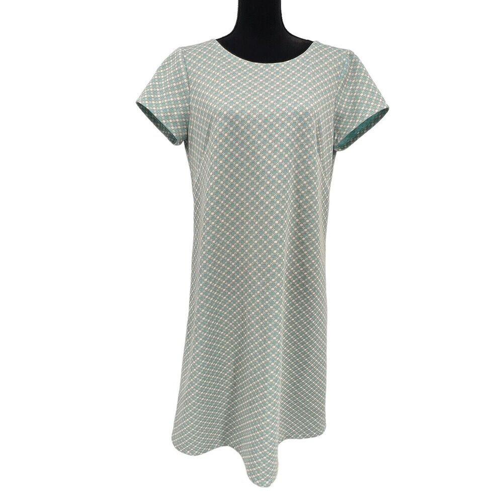 Vintage‎ 70's Aqua Tan Mod Print Shift Polyester Shift Dress Med